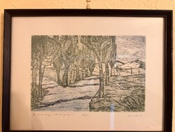 Kádár György: Tihanyi útelágazás – eredeti rézkarc, fémkeretben