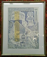 Vegyes technikával készült toll, kollázs, grafika - 42 x 51 cm.