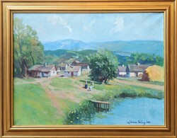 Zórád Géza (1890-1969) hibátlan keretben! 80x60 cm - Idilli falu a hegyekben - Tóparti derűs életkép