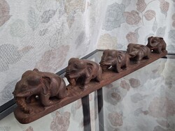 Vintage faragott fa elefánt, elefánt csorda szobor, figura, 46,8 cm