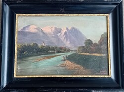 N. Noack ? : XIX sz. tájkép : Tó hegyekkel. Garmisch a Zugspitze heggyel