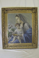 Keresztény, egyházi témájú kép, Jézus és Mária - antik, gazdagon faragott keretben