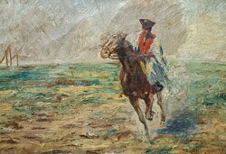 Lendl Vilmos: Vágtató csikós a hortobágyi pusztán, 1930 körül (olaj, vászon) Alföld - tájkép