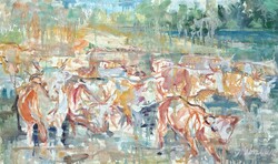 Móré Mihály: Tehenek (Képcsarnokos olajfestmény) Vízparti jelenet, tájkép - debreceni festő