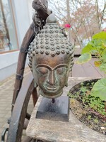 Bronz Buddha fej – dekoratív, keleties hangulatú szobor talapzattal