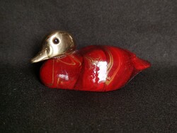 Fából faragott,  kézze festett bronz fejű kacsa lakkozott fa testtel