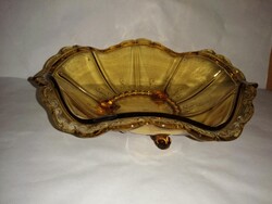 Antik borostyán üveg 3 lábú, fodros kínáló tál, asztalközép - átmérő 22 cm