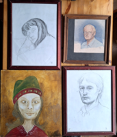 4 DB PORTRÉ ALKALMI ÁRON! olajfestmény, akvarell és 2 db ceruzarajz arckép
