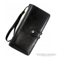 Elegáns női pénztárca nagy kapacitással fekete színű csuklópánttal, a lopás ellen.