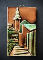 Szentendre mázas kerámia falikép retró falusi templomtornyos utcakép