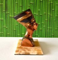 NOFERTITI EGYIPTOMI KIRÁLYNŐ RÉZ- BRONZ MELLSZOBOR,LEVÉLNEHEZÉK MÁRVÁNY TALPON