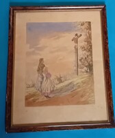 Olvashatatlan jelzéssel ,: Feszület előtti ima , életkép