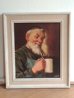Heinrich Faust festmény olajnyomata, férfi portré, pincemester sörös krigli korsó 33x39 cm