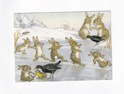 KA:86 Régi Karácsonyi képeslap Angol illusztrátor: Molly Brett -Nyulak a jégen