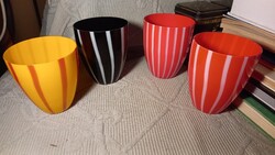 4 db vintage Lauscha színes csíkos üveg pohár 70-es évek