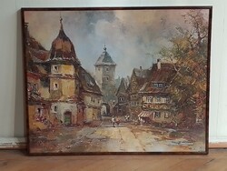 Hangulatos, régi óvárosi utcakép, olajfestményről készült nyomat, főtér torony kapu, kerettel