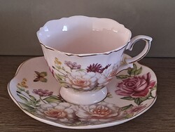 Porcelán virágos, lepkés, rózsaszín csésze alátéttel