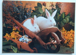 Húsvéti képeslap - ünnepi üdvözlet - nyuszik talicskában - szék bélyeggel