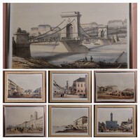 Pest-Buda a múlt században Rudolf Alt - Franz Sandmann litográfiái 7 db A3 keretezett kép