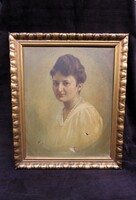 Régi Szignózott Realisztikus Olaj-Vászon Női Portré Aranyozott Fa Keretben '20-30-as Évek