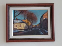 Hornyik Zoltán Reggeli séta, téli utcakép, kisváros, olaj festmény olajfestmény, zsűrizett 53,5x43,5