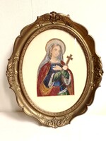 Antik régi Szűz Mária kép gyöngy hímzés goblein apácamunka ovális arany faragott fa keret 39x47 cm