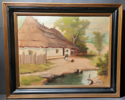 Nádfedeles házikó udvara (keretezett olajkép) azonosítatlan szignó, falusi életkép, kakasok, tyúkok