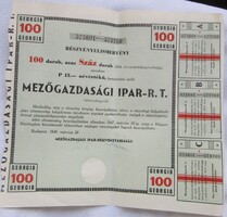 Badapest 1946 Magyar cukoripari részvényelismervény 100 db 15 pengő részvényről,vízjeles papíron,