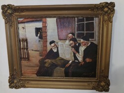 Judaika. Olvasó zsidók.Antik olajfestmény, ismeretlen szignóval.