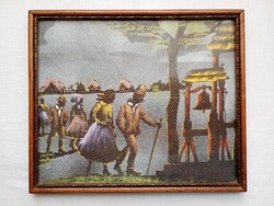 Selyemkép keretben 25x21cm Búcsúra menet selyemre festett kép régi