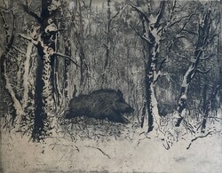 Csergezán Pál (1924-1996): Hajtásban, rézkarc 38x29cm