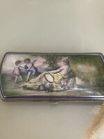 ANTIK EZÜST CIGARETTATÁRCA  TŰZZOMÁNCOZOTT EROTIKUS JELENETTEL