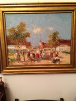 Lakatos szignóval hangulatos olajfestmény: Tere-fere, kartonra kasírozott vászon