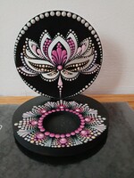 Mécsestartó árnyéklámpa Lótusz virággal fa alapon pink lila mandala díszítés kézzel festett 11cm