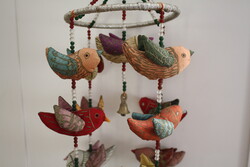 Vintage selyem madárkás szélcsengő, harangokkal - szépséges, egyedi