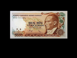 UNC - 5 000 LIRA - TÖRÖKORSZÁG - 1990 (különleges tűkor-portré vízjellel 3.kép)