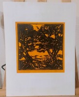 Nagy Vince linómetszet 30x40 cm paszpartuval Fűzfák a Kondorosnál