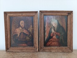 Antik festmény 2 darab keresztény Jézus Mária ikon szerű olaj fatáblán keretben 18. század 711 5708