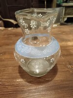 Keresztvíz tartó üveg, huta üveg, aprólékos díszítéssel, kis méretű, 19. sz végi, keresztelő kancsó