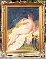 Brettschneider Rudolf "Fiatal lány a pamlagon szalmakalappal" 20as évek eleje olaj vászon festmén!