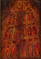 1Y040 "Lélek lép a lajtorján" 2013 - jelzett festett bőrkép 17 x 12 cm