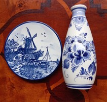 Delfti tálka és kis váza, kézzel festett, jelzett, hibátlan - plussz ajándék pici szélmalom!