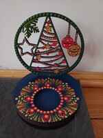 Mécsestartó árnyéklámpa Karácsonyfa dísszel sötétkék fa alapon mandala kézzel festett 11cm