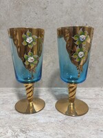 Kézzel festett aranyozott üvegpohár pár – 18 cm – kék üveg, zománcvirágok