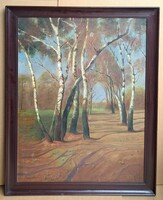 100x75 cm + keret! Pammer János: Erdőrészlet nyírfákkal (nagy méretű olajfestmény) Erdei tájkép