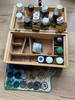 Vintage Pelikan fadoboz festékkel, tintákkal, tollhegyekkel