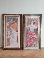 Alfons Mucha Toll, Drágakövek: Rubin, két szecessziós nyomat összeillő intarziás keretben 53x27 cm