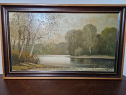 Puskás Imre "Fénylő Tisza" Olajfestmény 50 x 90 cm + keret méretben
