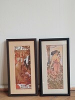 Alfons Mucha Flirt és Szegfű, két szecessziós nyomat összeillő fa keretben 34x17,5 cm