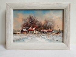 Benda Zoltán, téli havas tanya, alföld gémeskút Hortobágy tájkép tél olajfestmény 18x13 cm